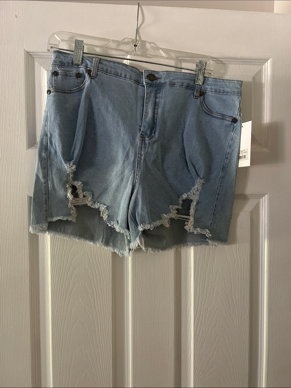 Light Blue Distressed Denim Shorts - Women